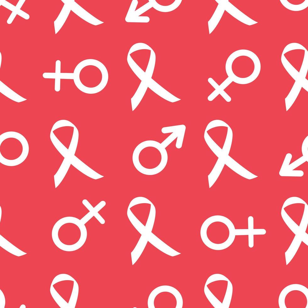 Vector repeating seamless pattern on a red background symbols of masculine and feminine. Ribbon health aids, cancer awareness backdrop. Man, woman sign. Flat design.