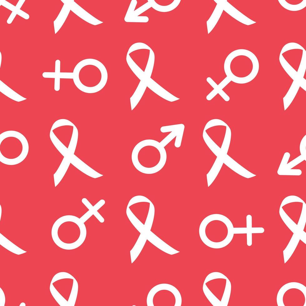 vector repitiendo un patrón sin costuras en un fondo rojo símbolos de masculino y femenino. ayudas para la salud de la cinta, fondo de concientización sobre el cáncer. hombre, signo de mujer. diseño plano.