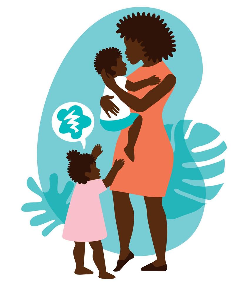 The black mom of the todler twins is worried about the jealousy of the children. The relationship of brother and sister. Family care. Childhood lifestyle concept. Vector isolated illustration.