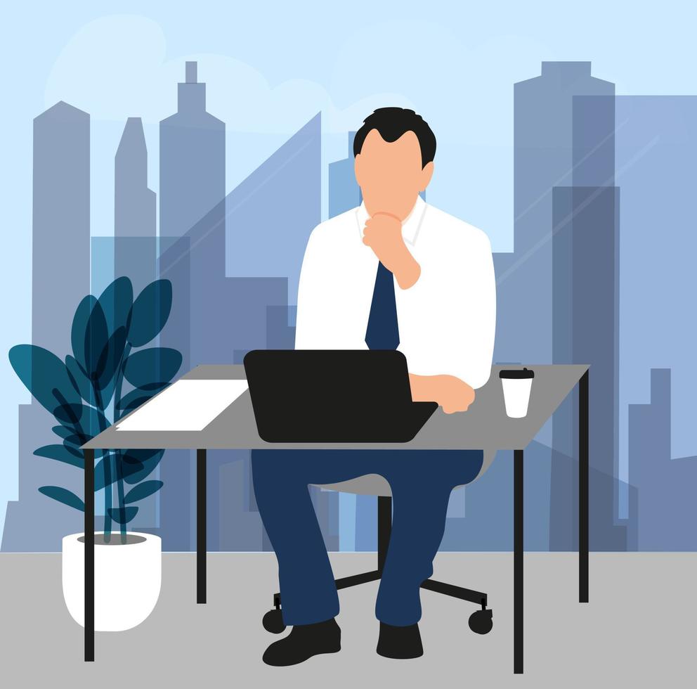 Business man sitting at table in office. Manager or worker in cabinet with panoramic window in skyscrapers. vector
