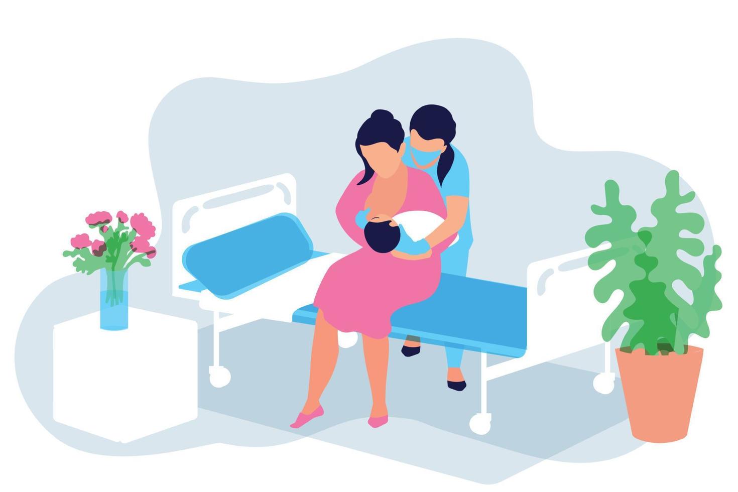 Breastfeeding in the postpartum period in the labor ward. The doula midwife helps to attach the baby to the breast. Mom is sitting on the medical bed. Hospital ward. Breastfeeding support week August vector