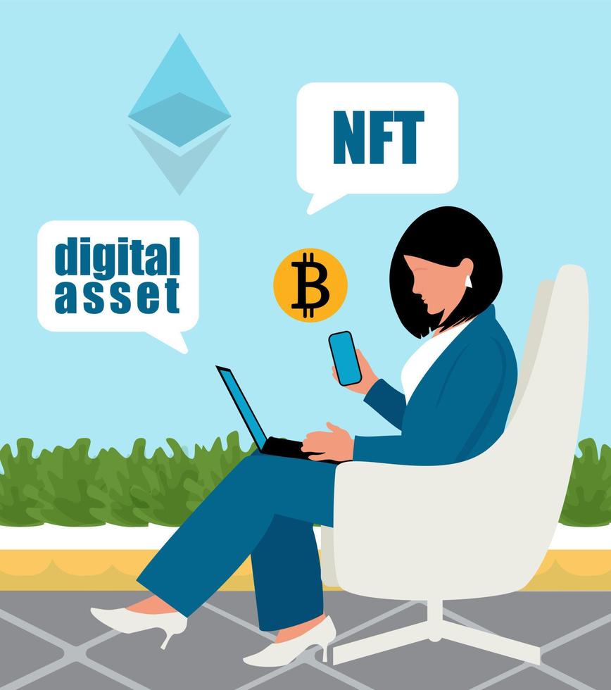 Business woman sits in a chair with a laptop and smart phone. Concept illustration of digital assets. Buying, selling digital art, nft. Cryptocurrency simbol. Vector illustration. EPS10