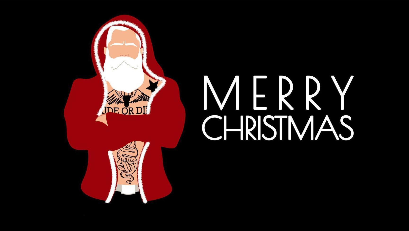 vector banner felicitación feliz navidad en un fondo negro. mal viejo santa claus con tatuajes y barba en un abrigo de piel con capucha. ilustración eps10