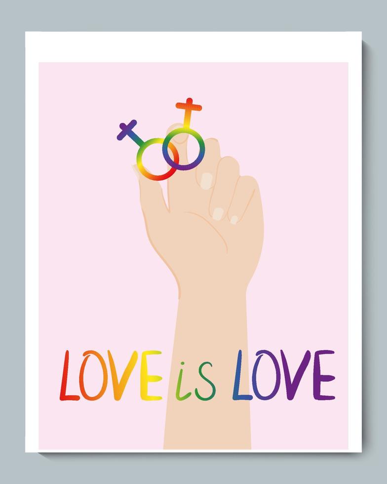 White Hand with Rainbow Gender LGBT Female Symbol and Doole Inscription Love is Love vector