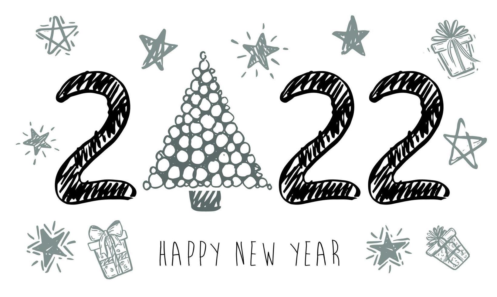 2022 Happy New Year. Christmas tree. Hand drawn illustration. vector