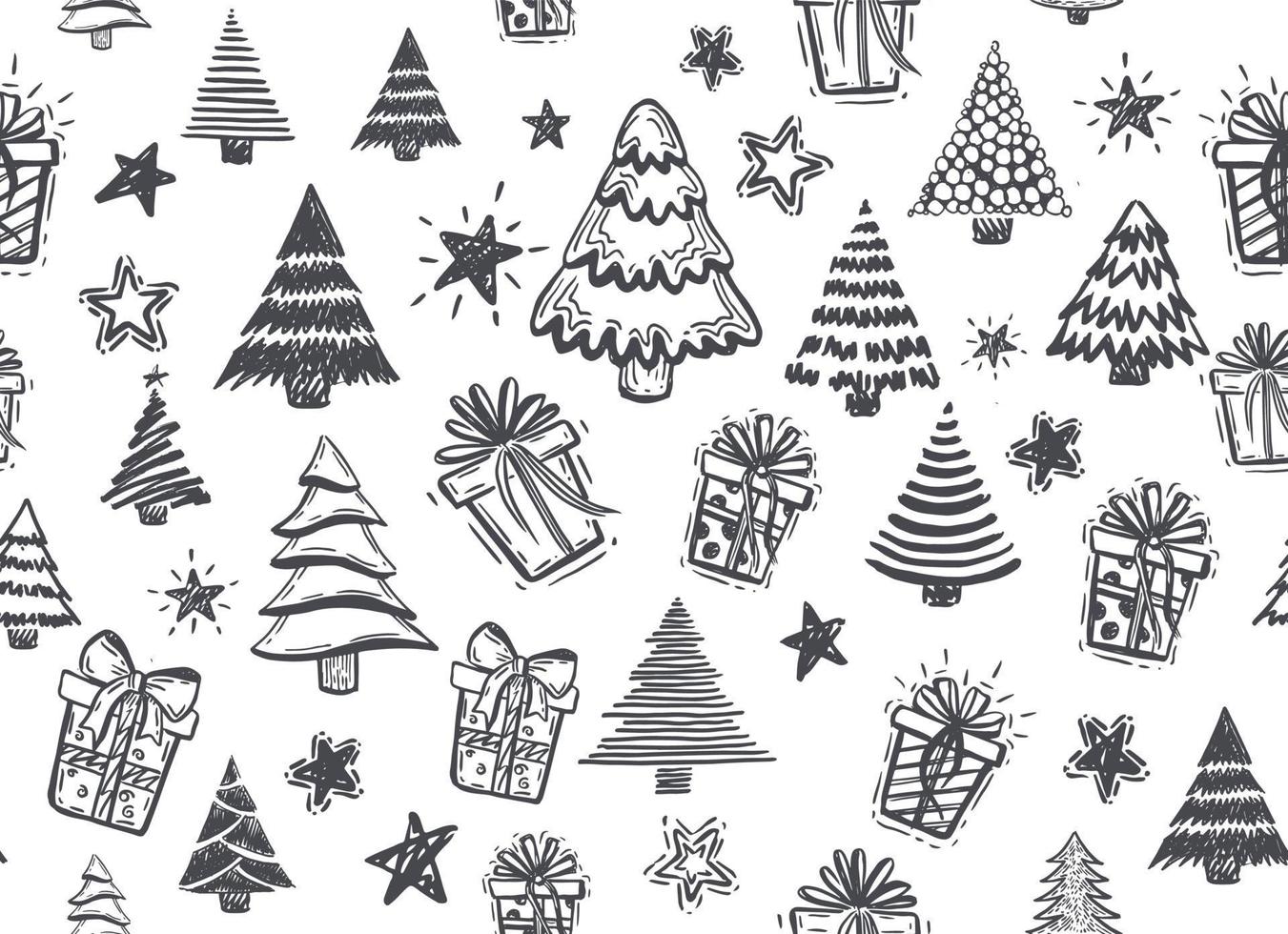 árbol, cajas de regalo, juego de estrellas, ilustraciones dibujadas a mano. vector