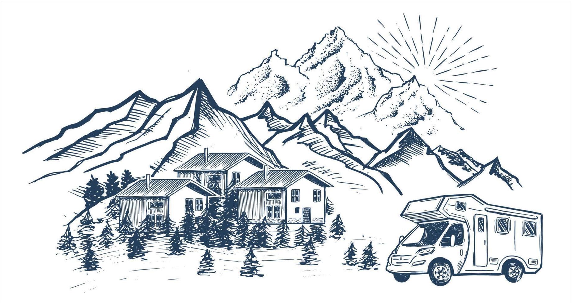 Camping in nature, motor home, Mountain landscape, hand drawn style, vector illustrations.
