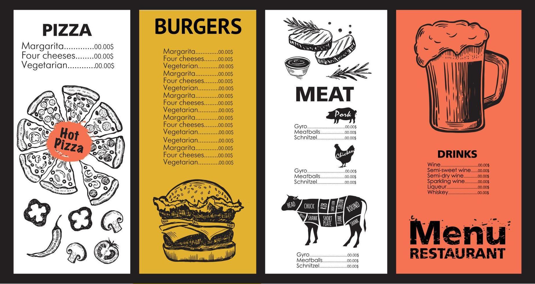 Menu template design for restaurant, sketch illustration. Vector. vector