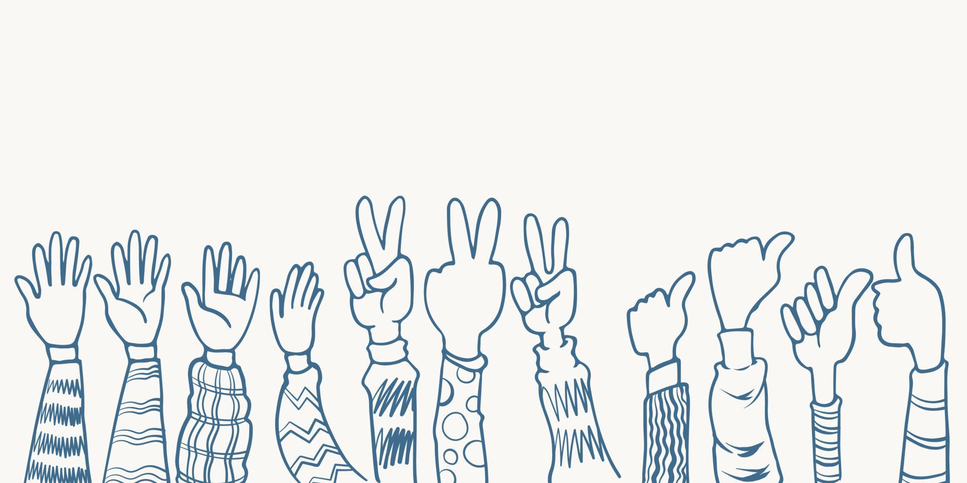 manos dibujadas a mano cinco, pulgar arriba y pose de paz aplaudiendo ovación vector