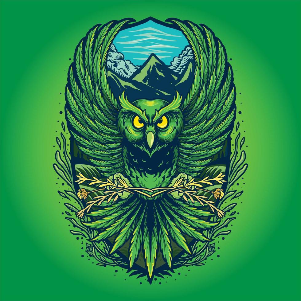 Owl flying with weed leaves mountain forest logo illustration vector