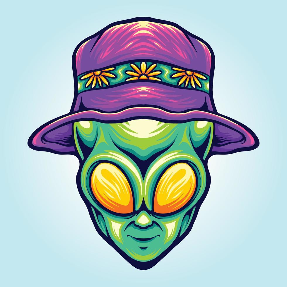 Funky alien head with summer beach hat illustrations vector