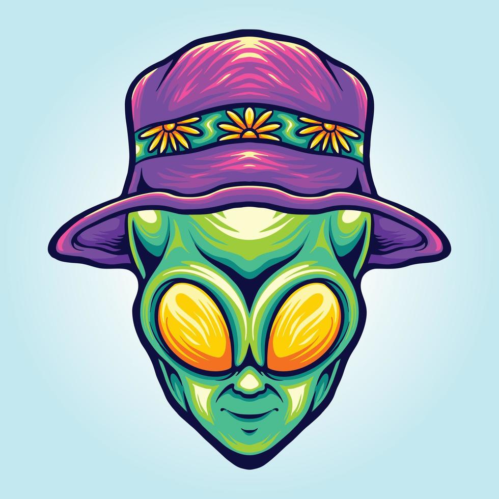 Funky alien head with summer beach hat illustrations vector