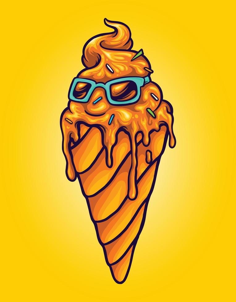Funky ice cream melted with sunglasses illustrations vector