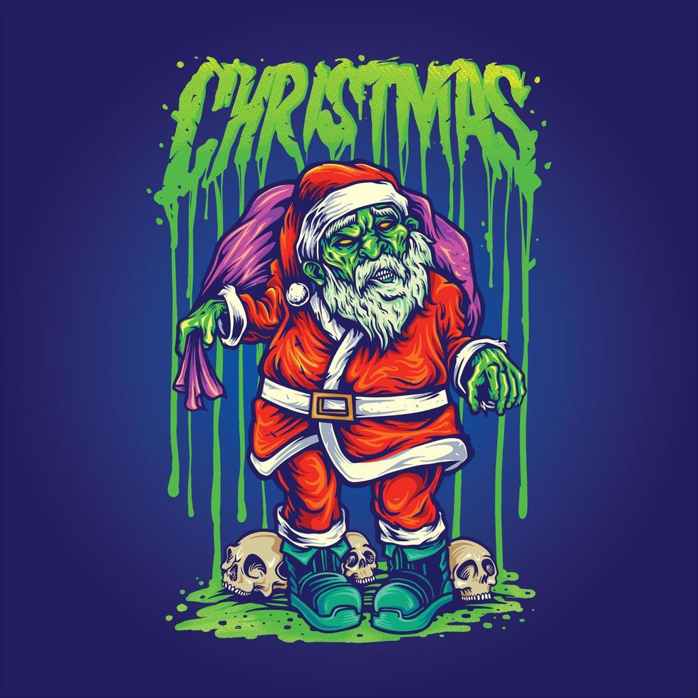 dibujado a mano navidad zombie santa claus con cabeza cráneo ilustraciones de fondo vector