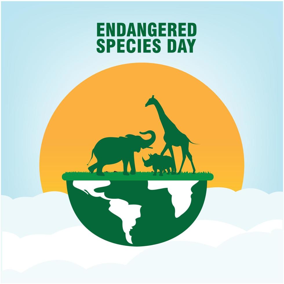 National Endangered Species Day vector with green silhouette of elephant, giraffe and rhino icon vector. Set of wild animal silhouettes. Simple and elegant design