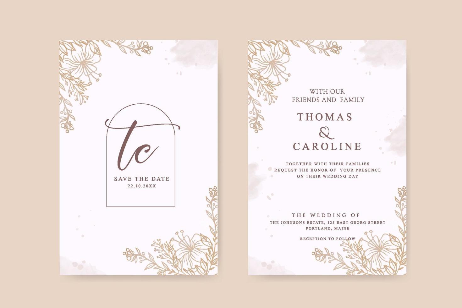 Wedding invitation template with golden brown flowers vector
