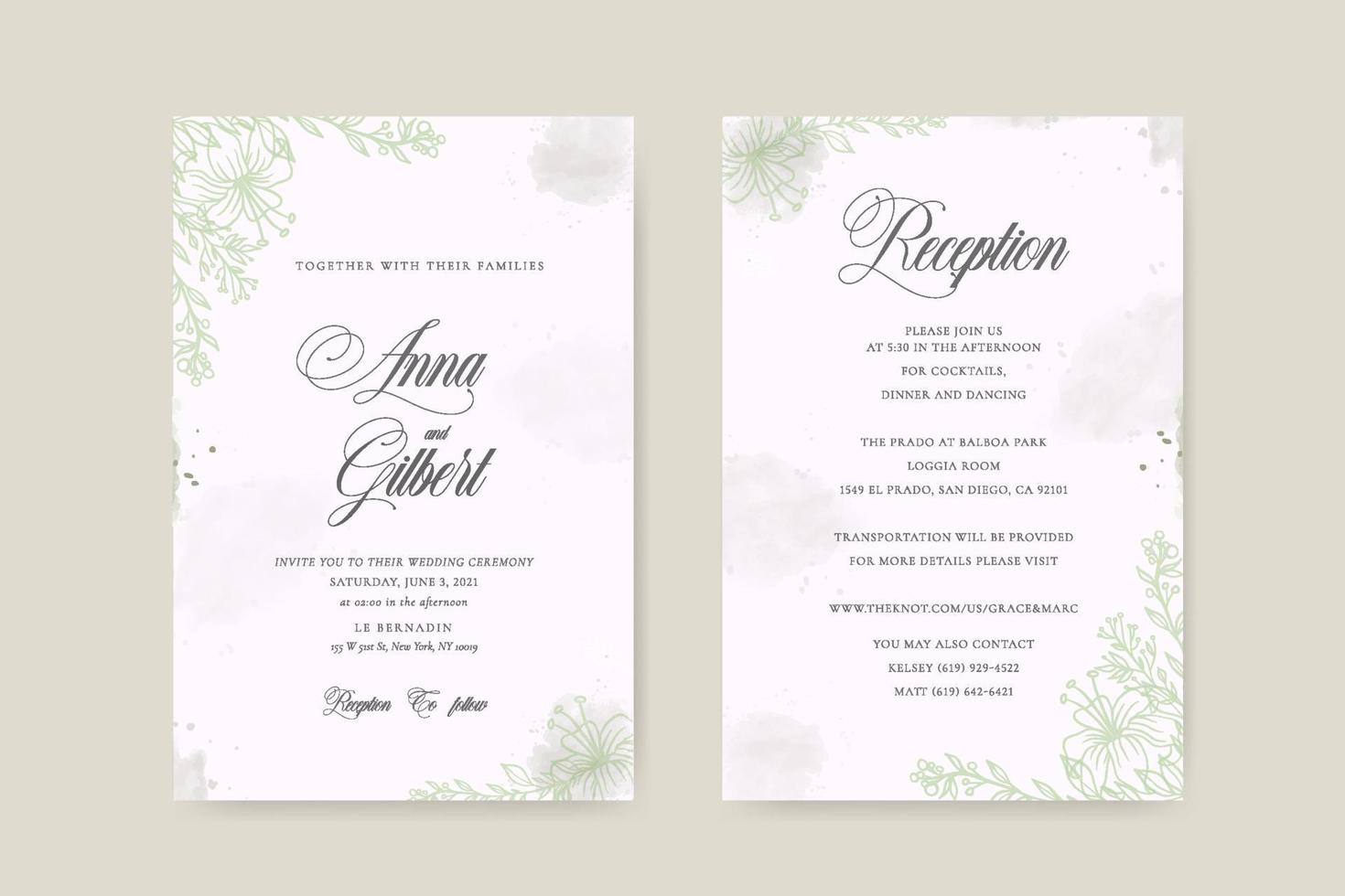 Wedding invitation template with green watercolor leaves vector