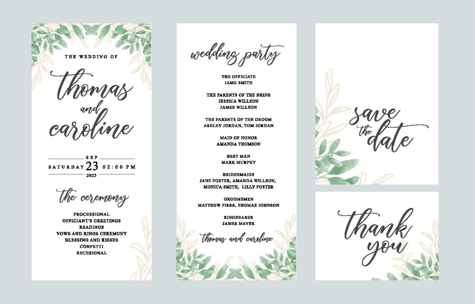 Wedding invitation set with eucalyptus leaves vector