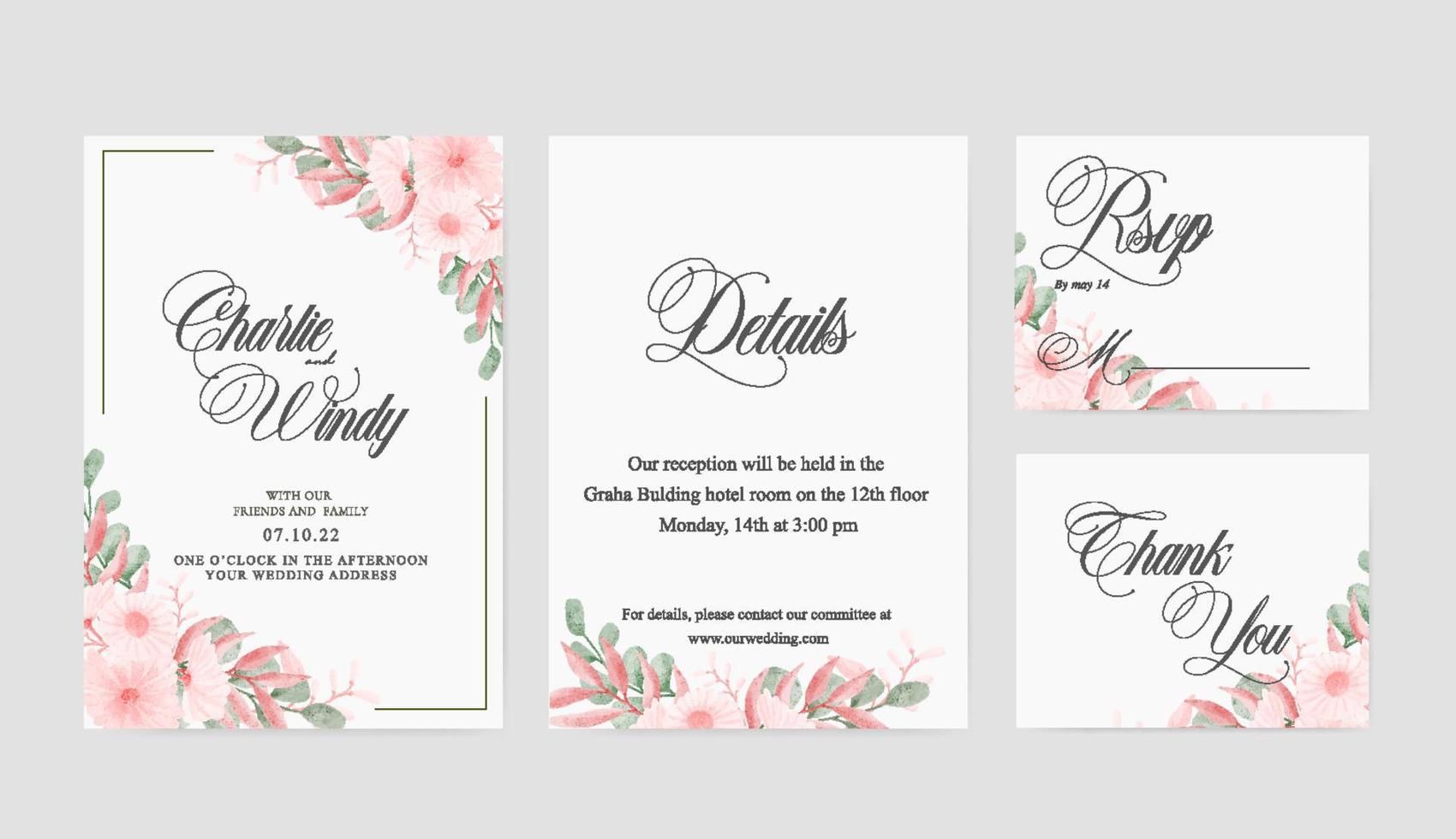 Soft pink flower arrangement print wedding invitation vector