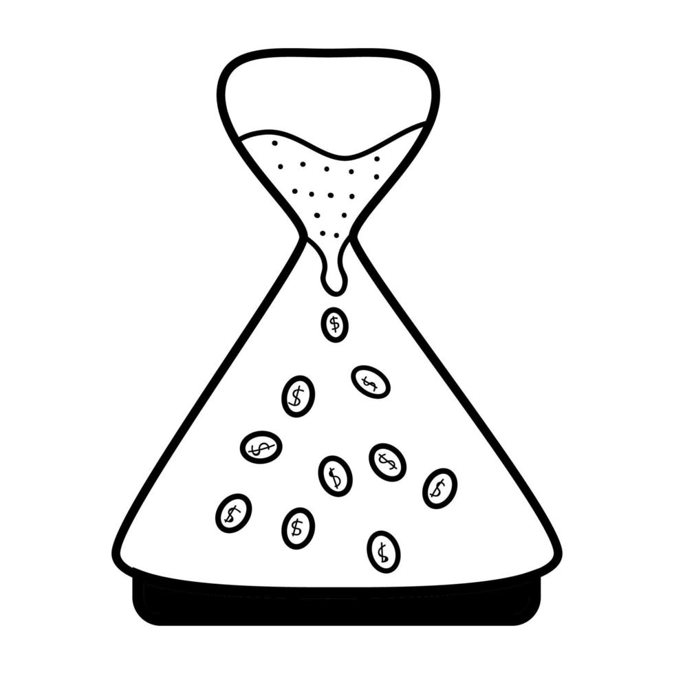 black and white doodle illustration of hourglass filled with sand falling into coins vector