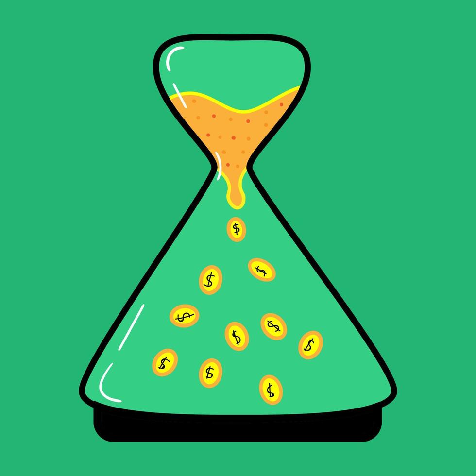 doodle illustration of hourglass filled with sand falling into coins with green background vector