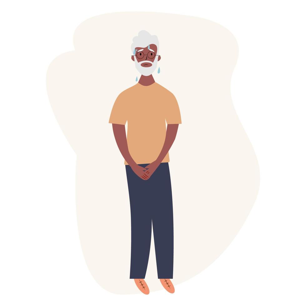 Urinary incontinence problem. Elderly men wants to pee. The old men feels pain in his groin. Experiencing pain. Flat vector illustration.