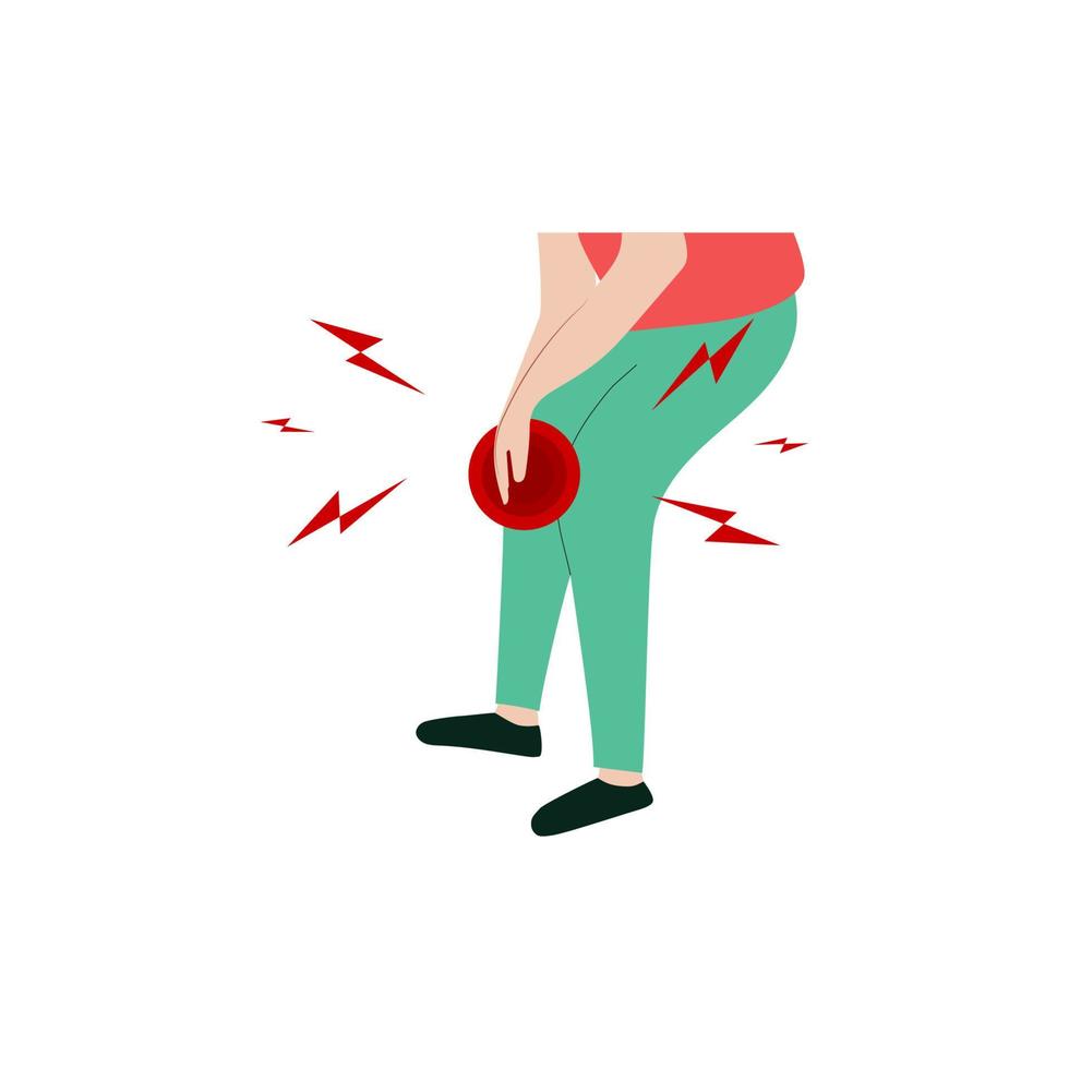 Woman or man with knee pain symptom in flat design on white background. Female or male feel tired her or his legs and knees concept vector illustration.