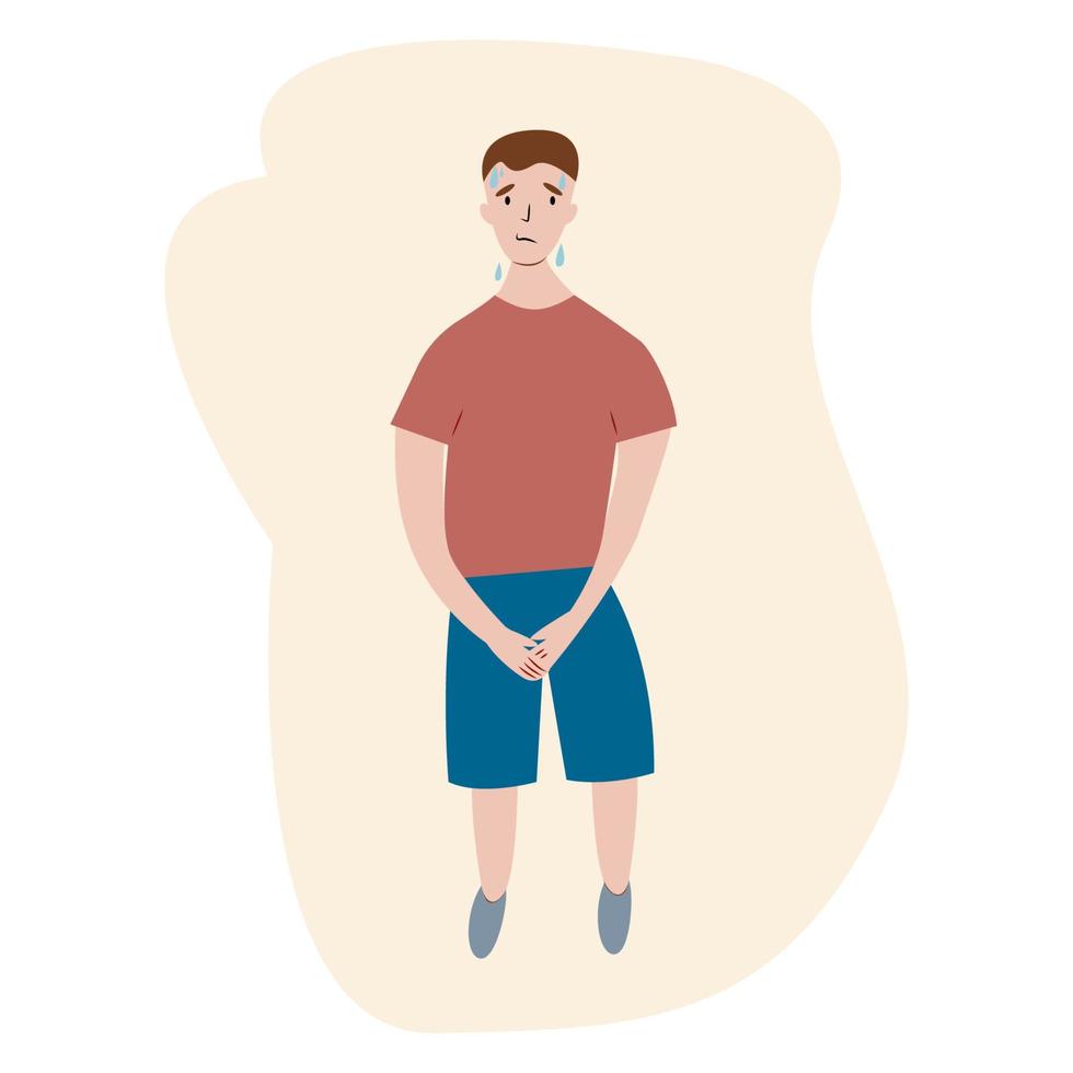 Urinary incontinence problem. The young man wants to pee. The guy feels pain in his groin. Experiencing pain. Flat vector illustration.