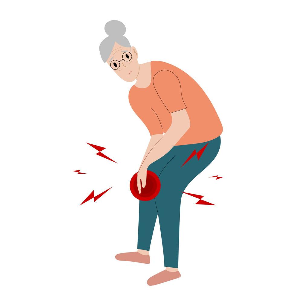 la anciana tiene dolor de rodilla, dolor de pierna en diseño plano sobre fondo blanco. la anciana usa la mano tocando la rodilla. ilustración vectorial vector