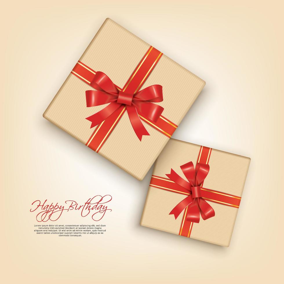 Happy Birthday decorations glowing sequins and craft paper gift box with red ribbon bow on isolated red background vector