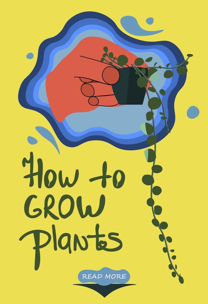 Web template banner about how to grow plants. Hand holding a pot with plants on yellow background. vector