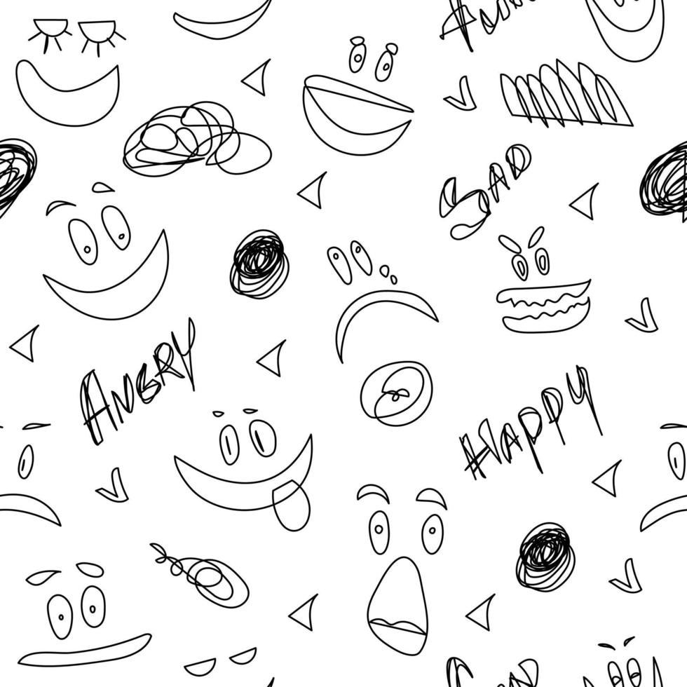 Seamless childish emotion pattern. Line art vector drawing