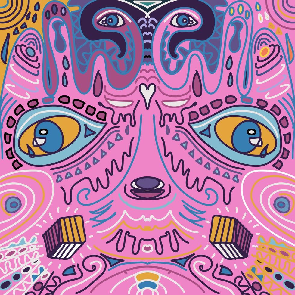 Hand drawn psychedelic cutest background. Animal in modern weird style. Eyes, lines, pastel colors, heart, square. vector