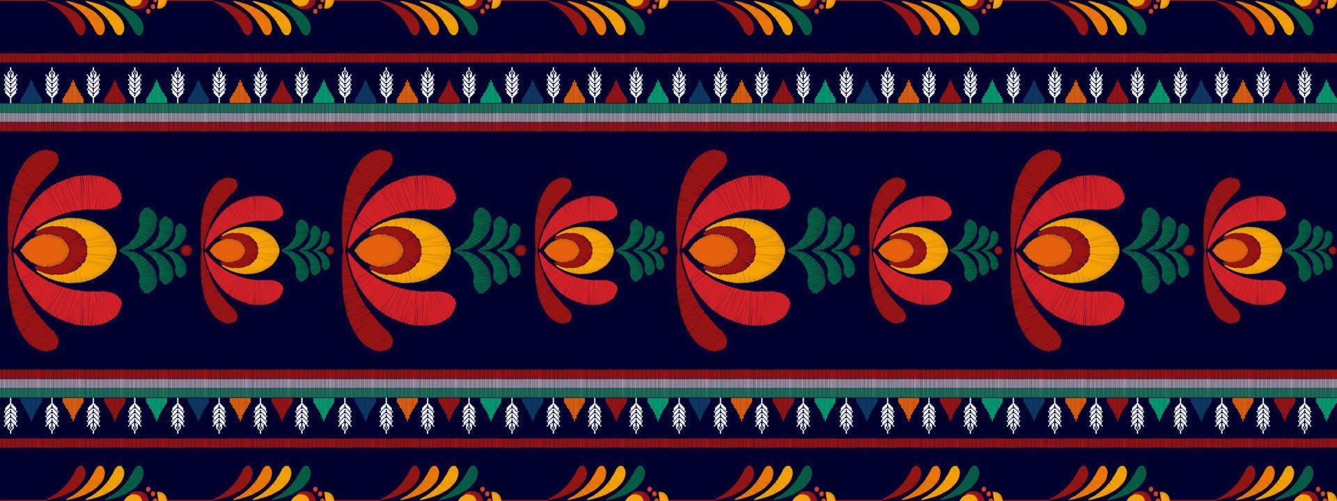 ikat floral étnico diseño de patrón textil sin costuras. alfombra de tela azteca adornos de mandala decoraciones textiles papel tapiz. fondo de vector de bordado tradicional con motivo de flor nativa boho tribal