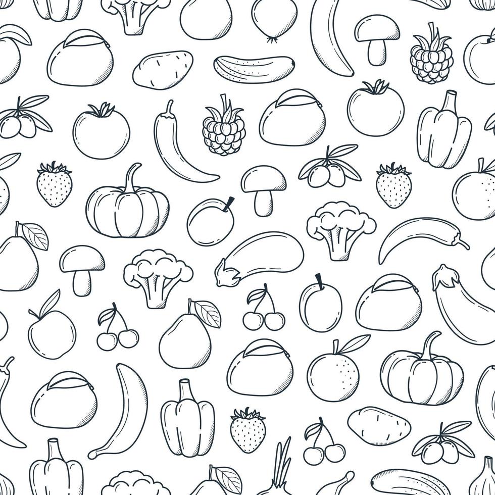 Seamless pattern fruits, vegetables in doodle style. monochrome pattern vector