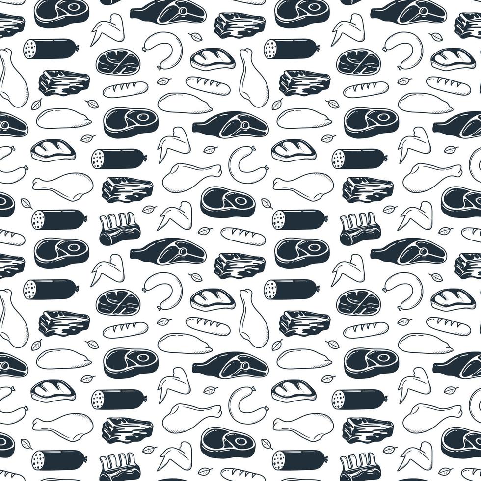 pattern of hand drawn meat products. illustration drawn in doodle style vector