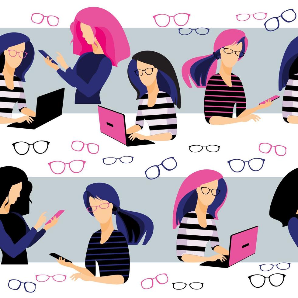 Young women  with digital gadgets. Flat Vector abstract Seamless pattern.