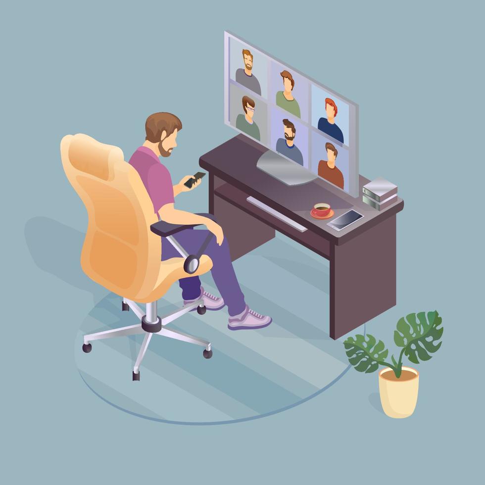 Man Working from Home. Conference Video Call. vector