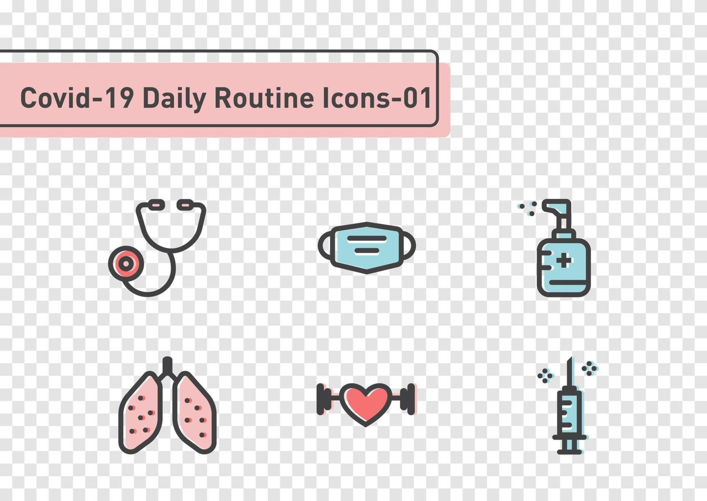 Covid-19 daily routine flat line icon set isolated on transparency background vector