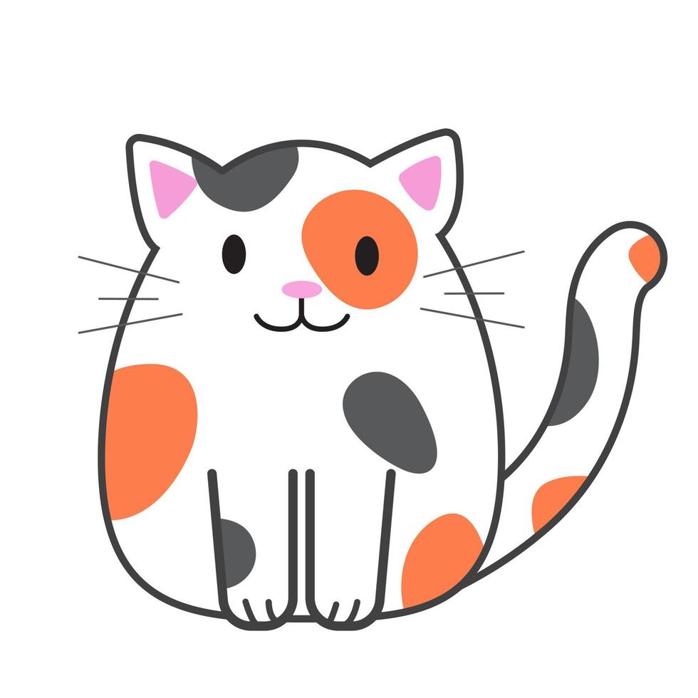 Funny cartoon cat, cute vector illustration in flat style. White, orange and grey colors. Smiling fat kitten. Positive print for sticker, cards, clothes, textile, design and decor