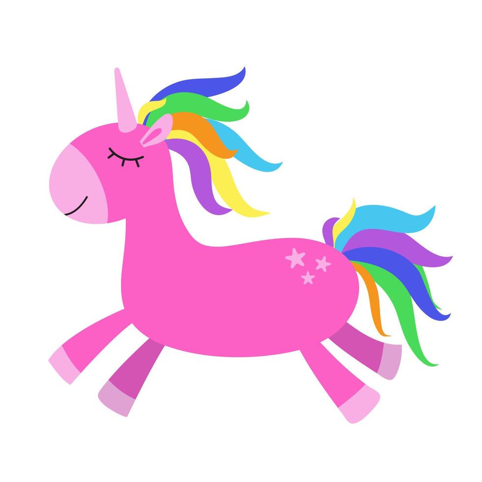 Cute pink unicorn with rainbow details. Vector illustration. Flat style print for textile, gift wrap, baby decor. Cartoon simple style illustration. Magical animal. Doodle style nursery decoration