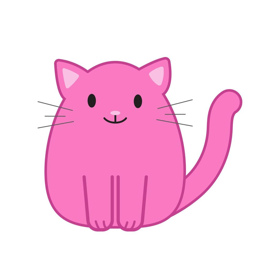 Funny cartoon pink cat, cute vector illustration in flat style. Smiling fat kitten. Positive print for sticker, cards, clothes, textile, design and decor