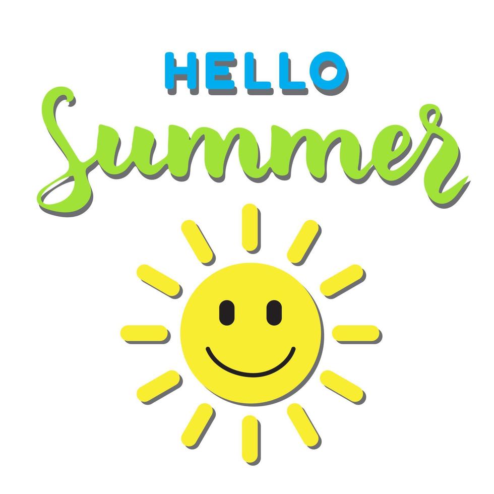 Hello Summer, lettering composition with smiling sun. Yellow, green and blue colors. Design for cards, t-shirts, labels, posters. Hand drawn calligraphy, vector illustration. Summer inspiration