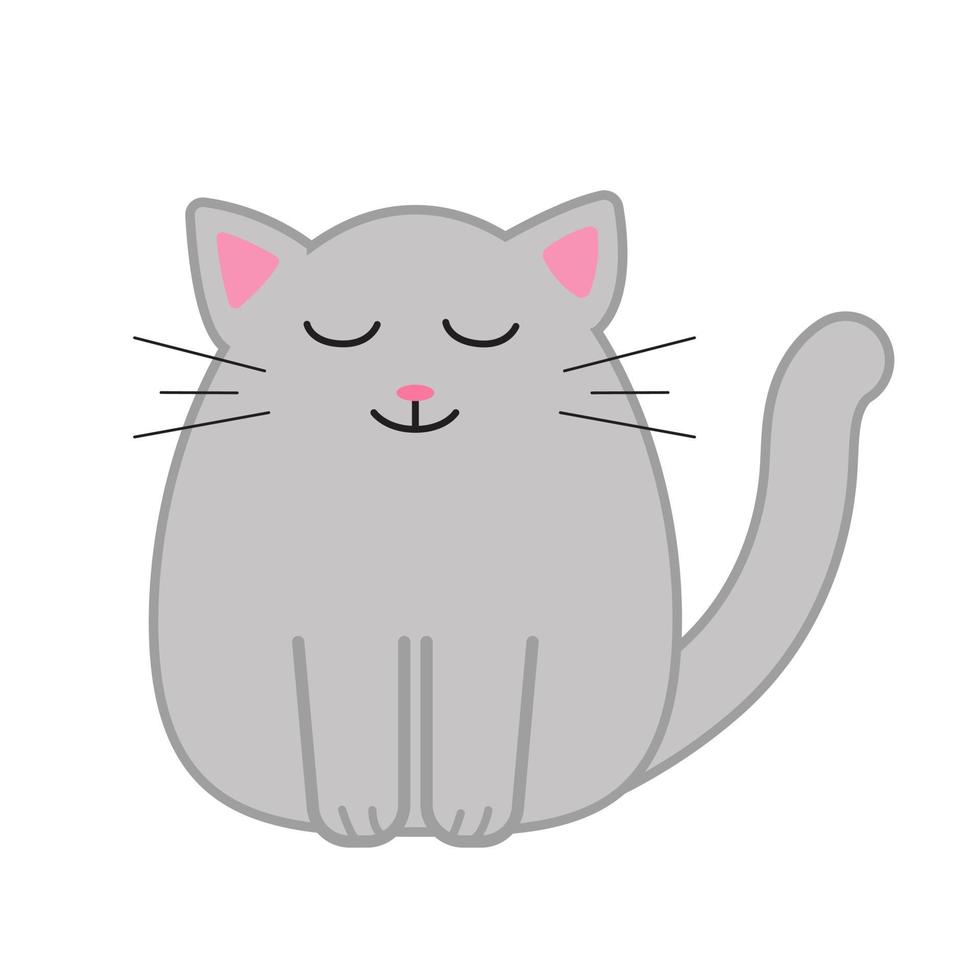 divertido gato de dibujos animados, linda ilustración vectorial en estilo plano. gato gris con los ojos cerrados. gatito gordo sonriente. impresión positiva para pegatinas, tarjetas, ropa, textiles, diseño y decoración vector