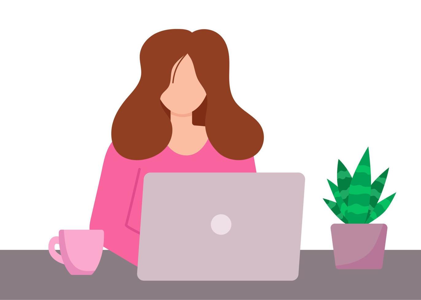 Young woman with long dark hair works with laptop. Working and education from home concept. Office employee. Faceless illustration. Print for web, advertising or social media vector