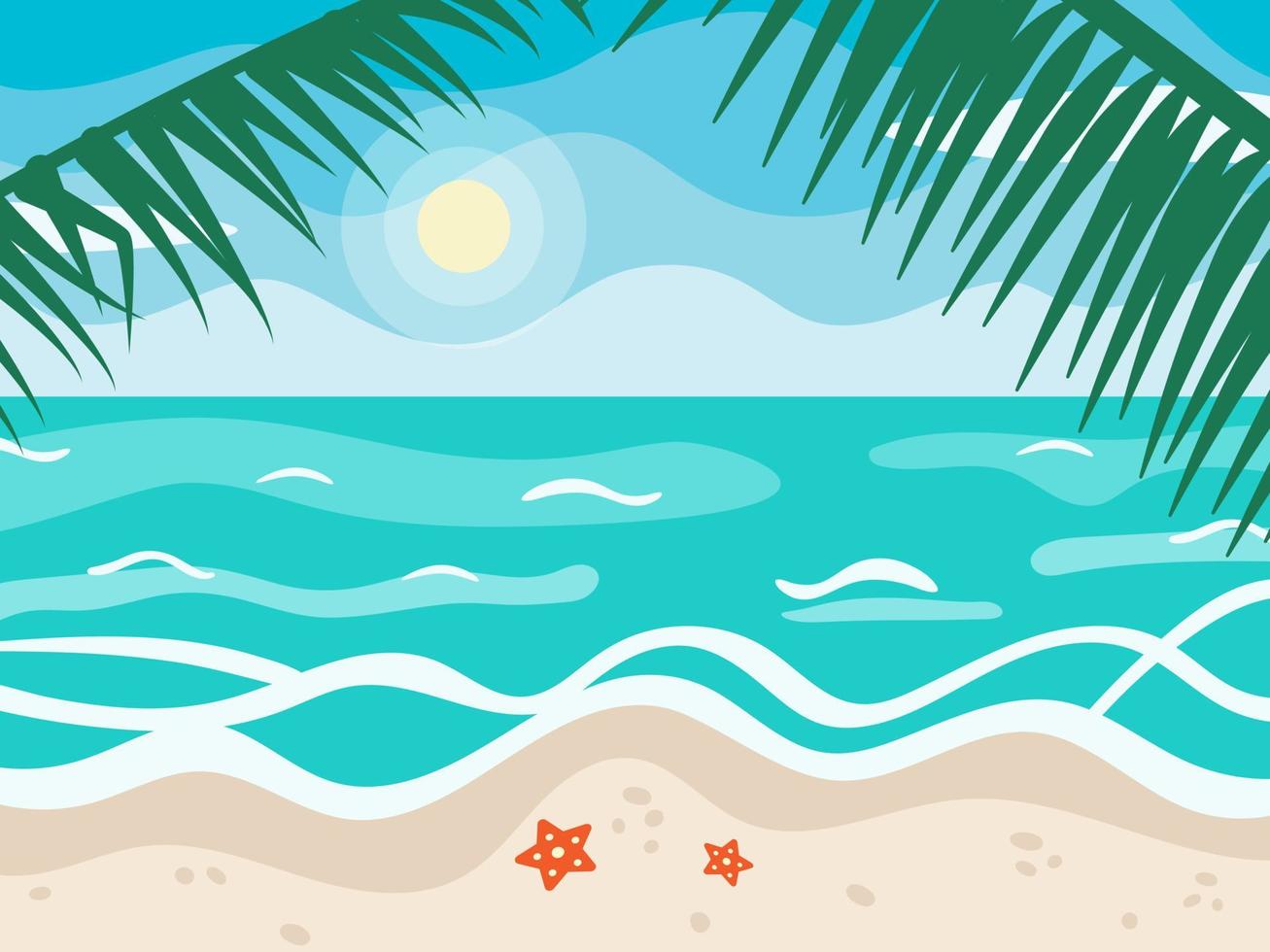 paisaje marino en estilo plano de dibujos animados. día soleado de verano, ilustración de playa y océano. fondo para banner, logotipo, letras, tarjeta, póster. cielo azul, mar y arena. panorama del paisaje, orilla del mar vector