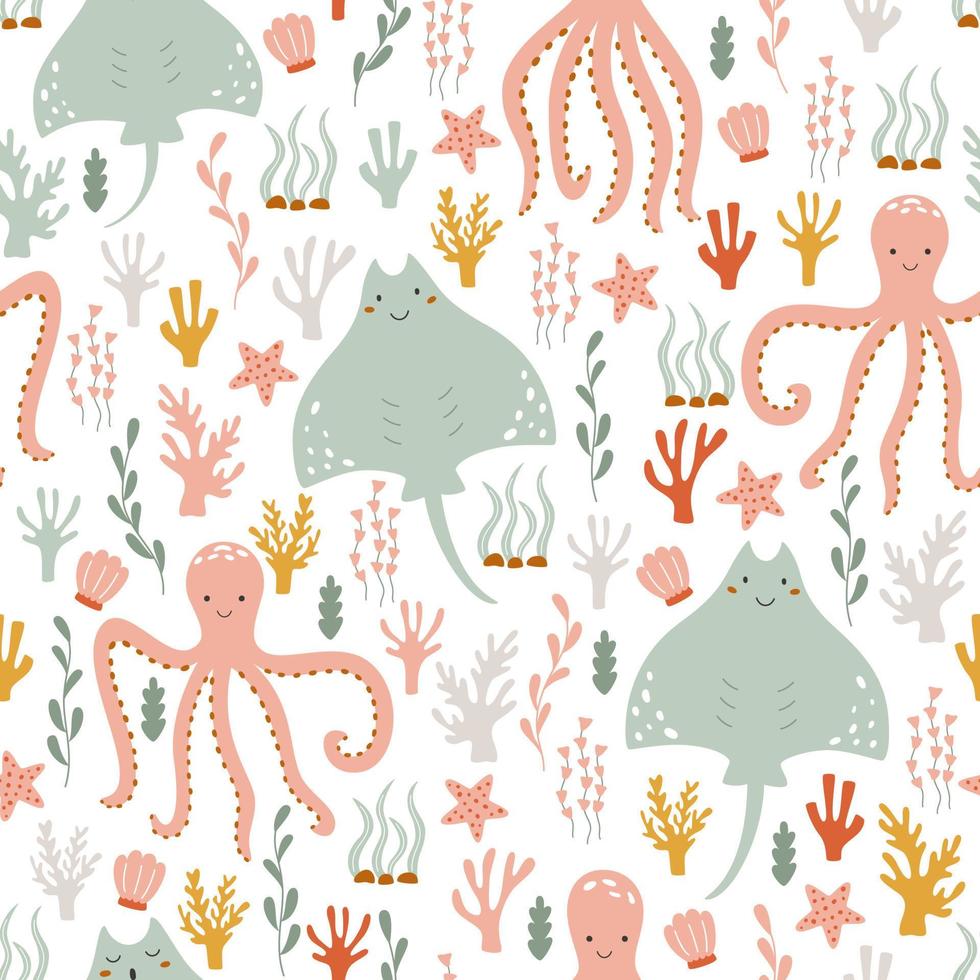 Marine seamless pattern with octopus and stingray underwater. Ocean animals swim in algae on a repeating print. vector