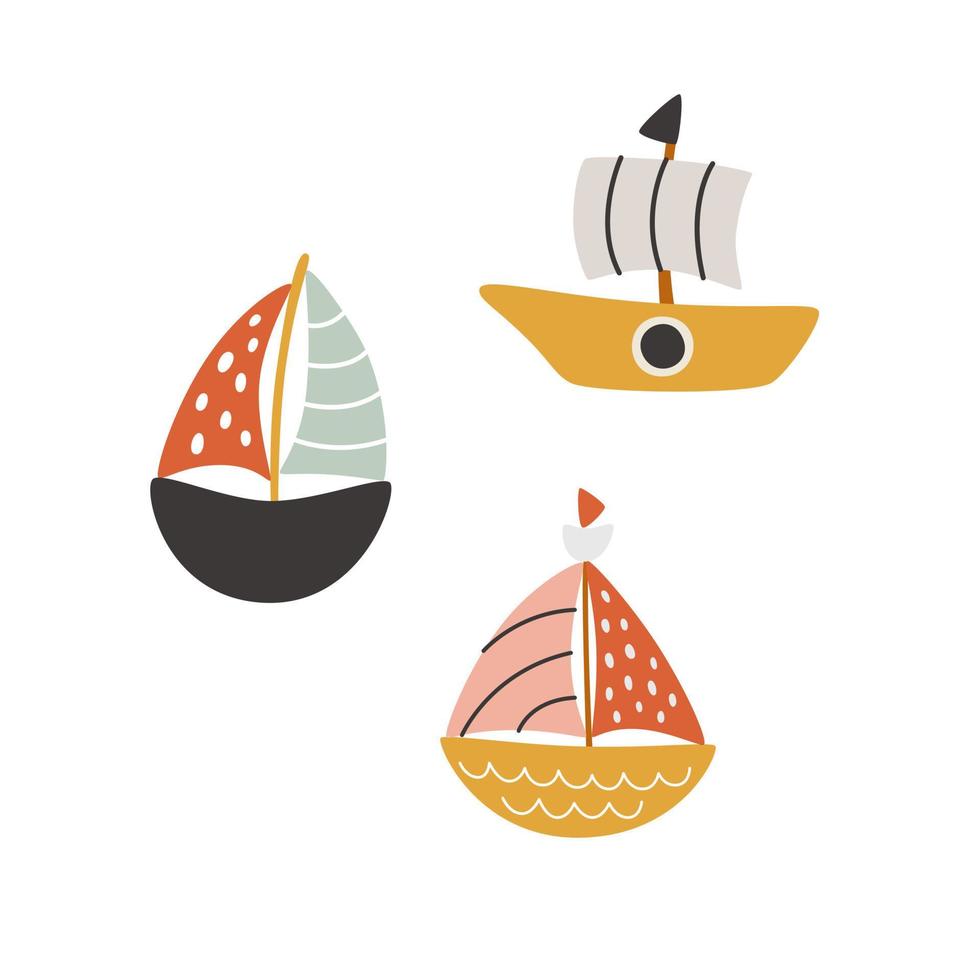 Set of kids boats drawn by hand in the style of a flat. Vector illustration of a sea ship