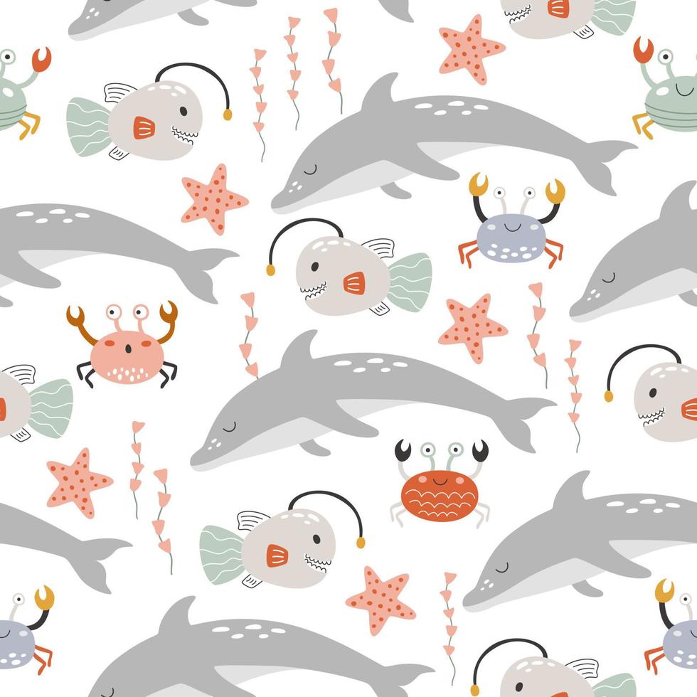 Marine seamless pattern with underwater animals. Repeating wild fish print for kids apparel vector