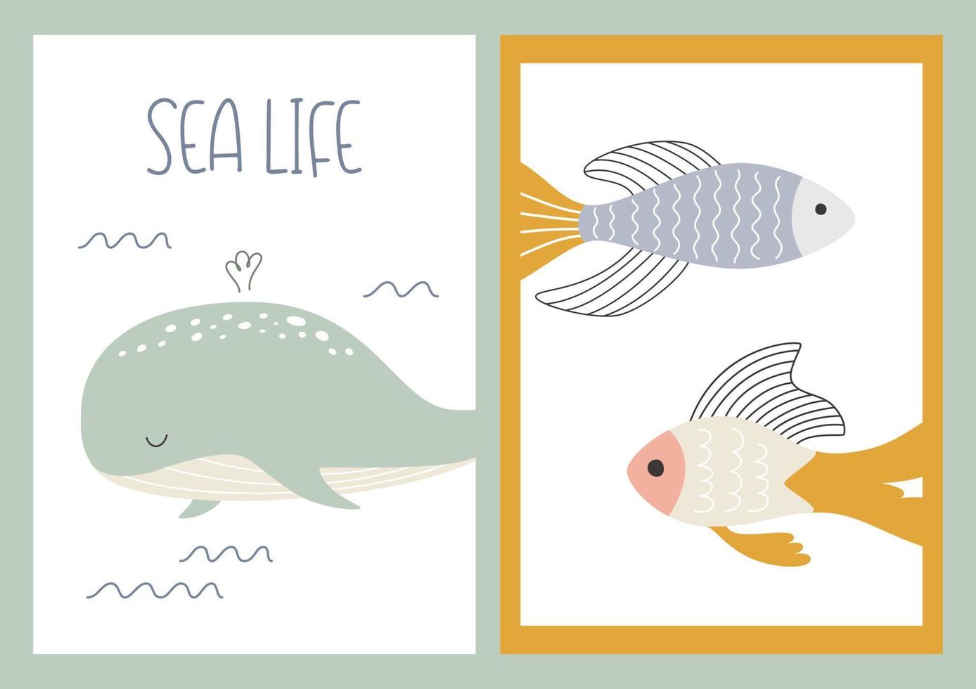 Collection of sea posters with sea animals. Vector fish and sea whale on a postcard. Kids illustration. Vector illustration